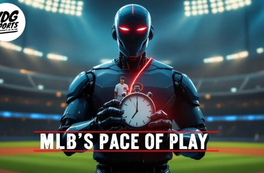 A futuristic robot holds a stopwatch in a baseball stadium, highlighting MLB game speed. A small baseball player stands atop the stopwatch under bright stadium lights. "MLB'S PACE OF PLAY" appears in bold white letters, with the VDG Sports logo at the top left.
