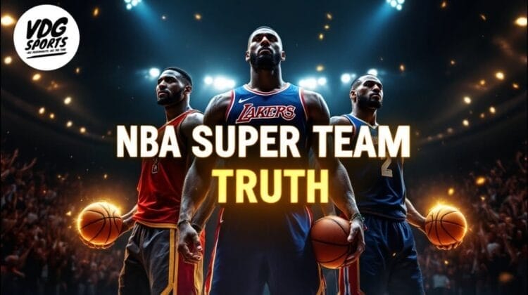 Three basketball players stand confidently in team uniforms, holding basketballs under bright arena lights. Bold text reads “NBA SUPER TEAMS TRUTH,” highlighting NBA growth. The VDG Sports logo sits in the top left on a dramatic, colorful background.