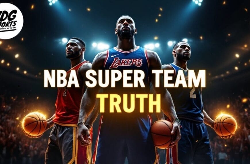 Three basketball players stand confidently in team uniforms, holding basketballs under bright arena lights. Bold text reads “NBA SUPER TEAMS TRUTH,” highlighting NBA growth. The VDG Sports logo sits in the top left on a dramatic, colorful background.