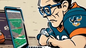 Illustration of a person wearing glasses and a football jersey, intently analyzing an NFL victory on a laptop. A football is placed on the table beside the laptop.