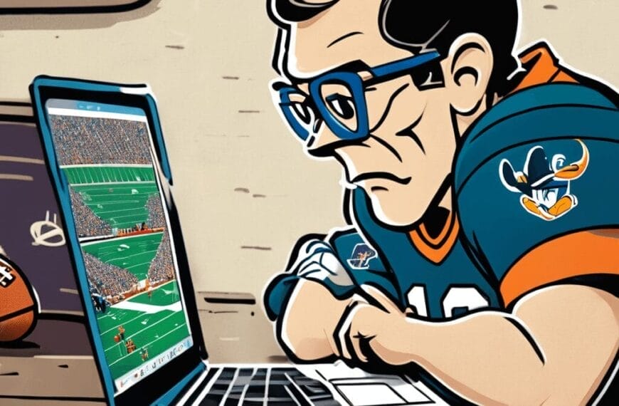 Illustration of a person wearing glasses and a football jersey, intently analyzing an NFL victory on a laptop. A football is placed on the table beside the laptop.