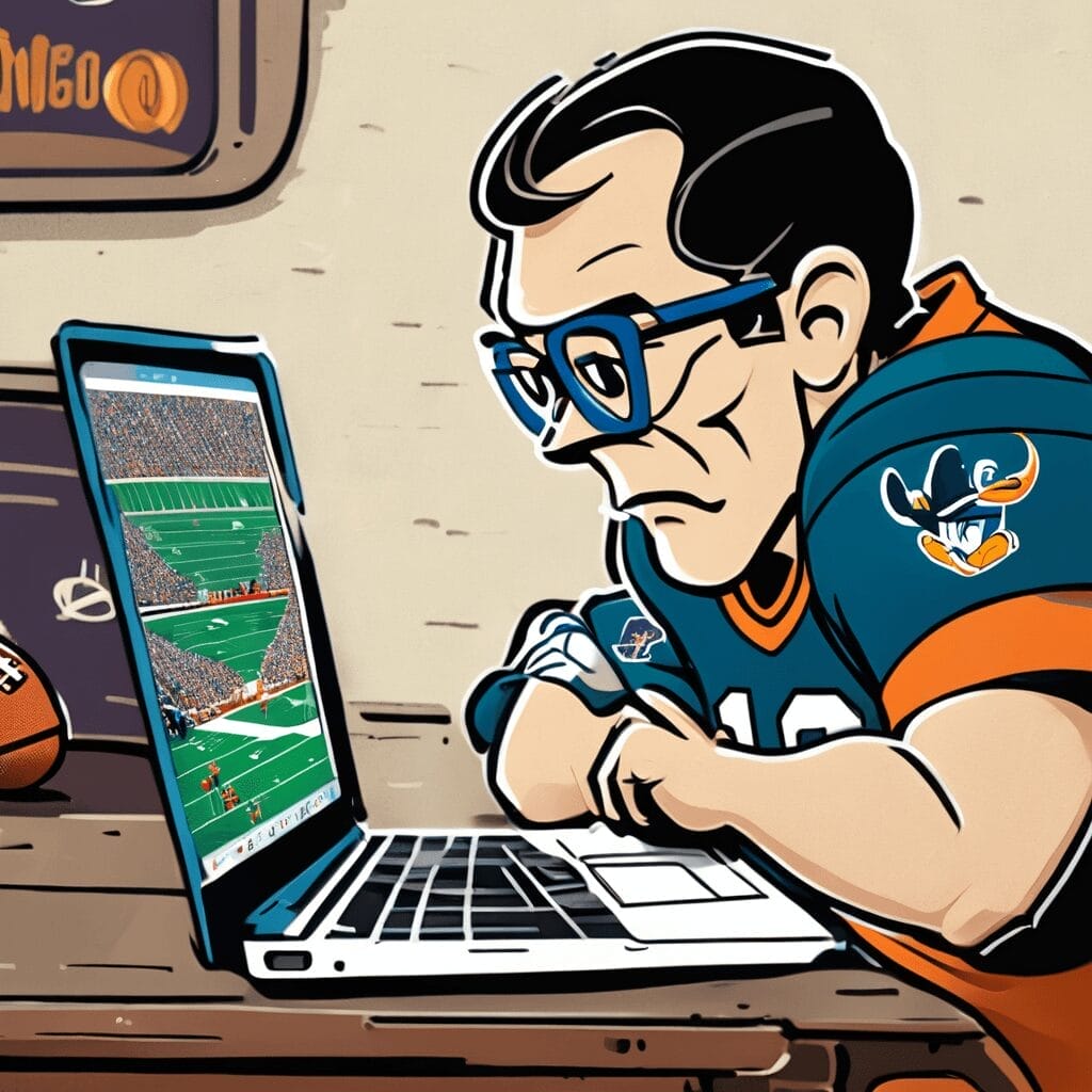 Illustration of a person wearing glasses and a football jersey, intently analyzing an NFL victory on a laptop. A football is placed on the table beside the laptop.