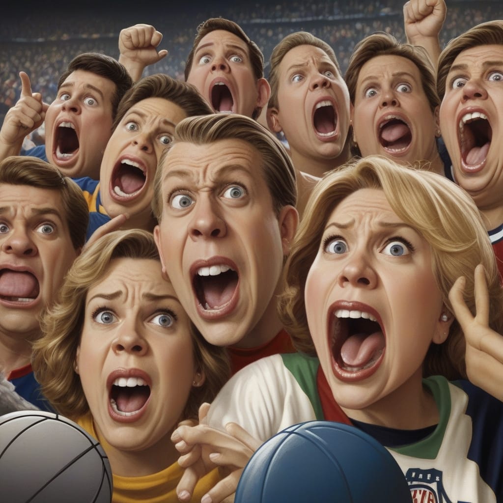 A group of people in sports jerseys and casual clothing are cheering loudly with excited expressions, embodying the essence of Sports Fan Culture as they hold sports balls.