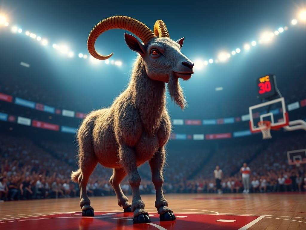 A goat with curved horns stands confidently on a basketball court under bright arena lights, channeling the Michael Jordan GOAT spirit as the crowd cheers and a hoop looms in the background. The scene captures the essence of being the "Greatest of All Time" in sports.