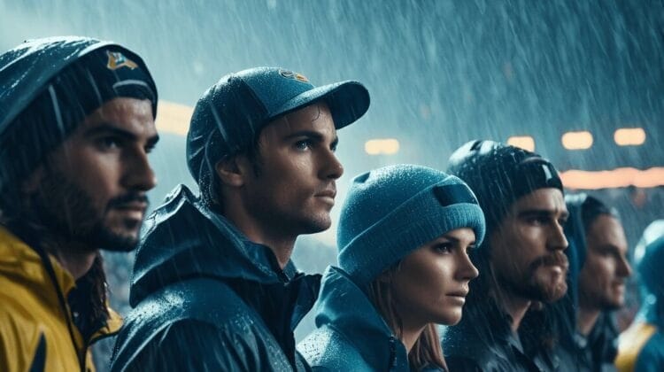 A group of sports superfans in raincoats and hats stand in the rain, facing forward, under a dark, rainy sky with blurred lights in the background.