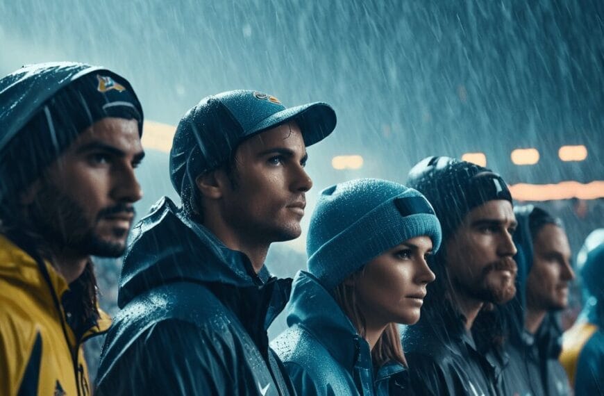 A group of sports superfans in raincoats and hats stand in the rain, facing forward, under a dark, rainy sky with blurred lights in the background.