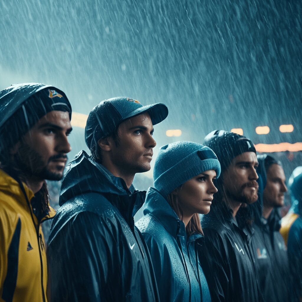 A group of sports superfans in raincoats and hats stand in the rain, facing forward, under a dark, rainy sky with blurred lights in the background.