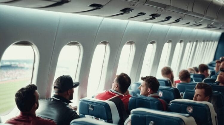 Passengers sitting in an airplane, all facing left, some gazing out the windows. They're proudly wearing matching jackets adorned with MLB logos, showcasing their unity as global fans on their shared journey.