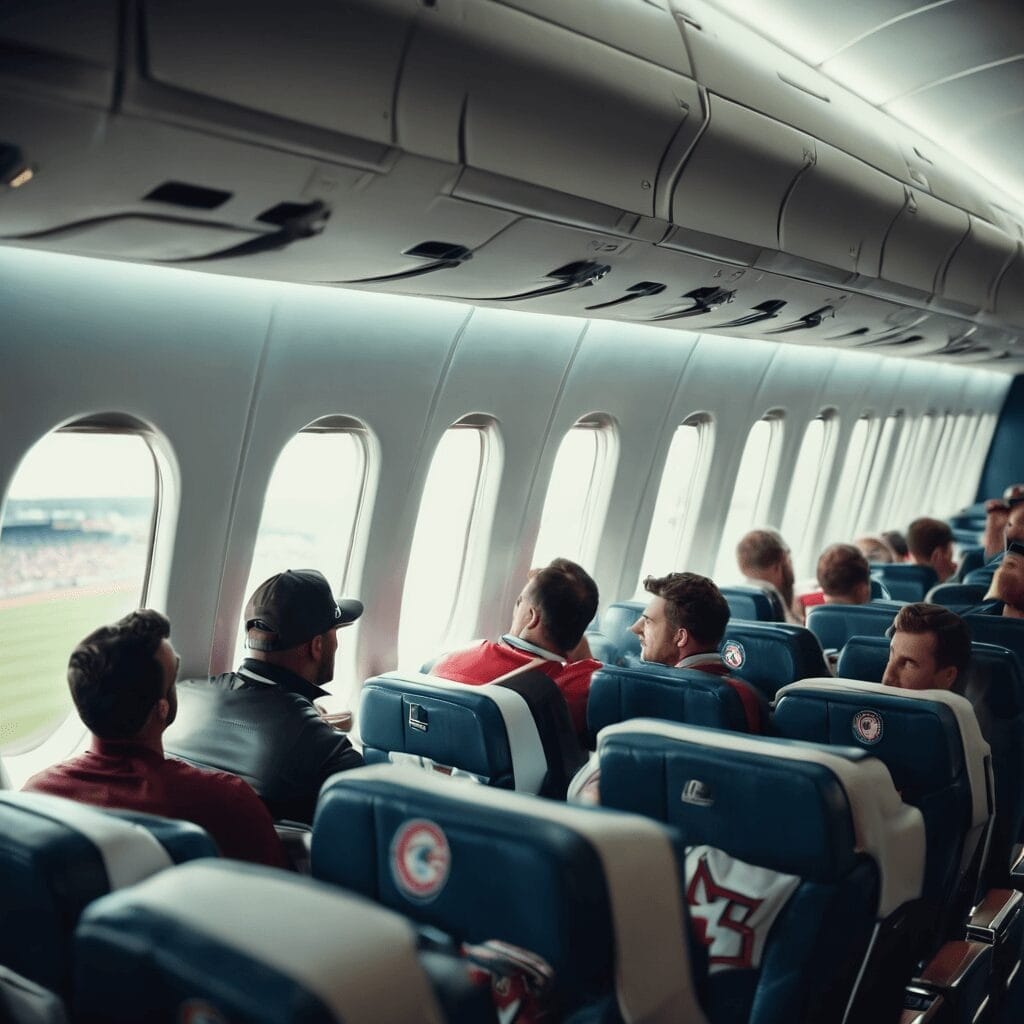 Passengers sitting in an airplane, all facing left, some gazing out the windows. They're proudly wearing matching jackets adorned with MLB logos, showcasing their unity as global fans on their shared journey.