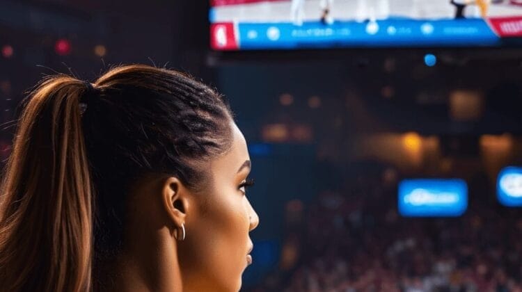 A woman with a ponytail watches a basketball game on a large screen in a dimly lit arena, immersed in the thrilling legacy of the NBA Hall of Fame.