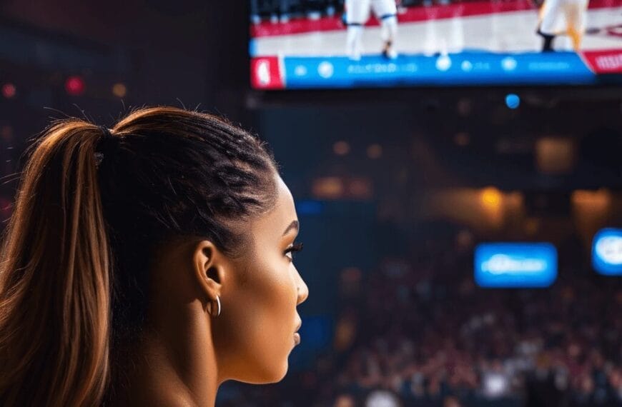 A woman with a ponytail watches a basketball game on a large screen in a dimly lit arena, immersed in the thrilling legacy of the NBA Hall of Fame.