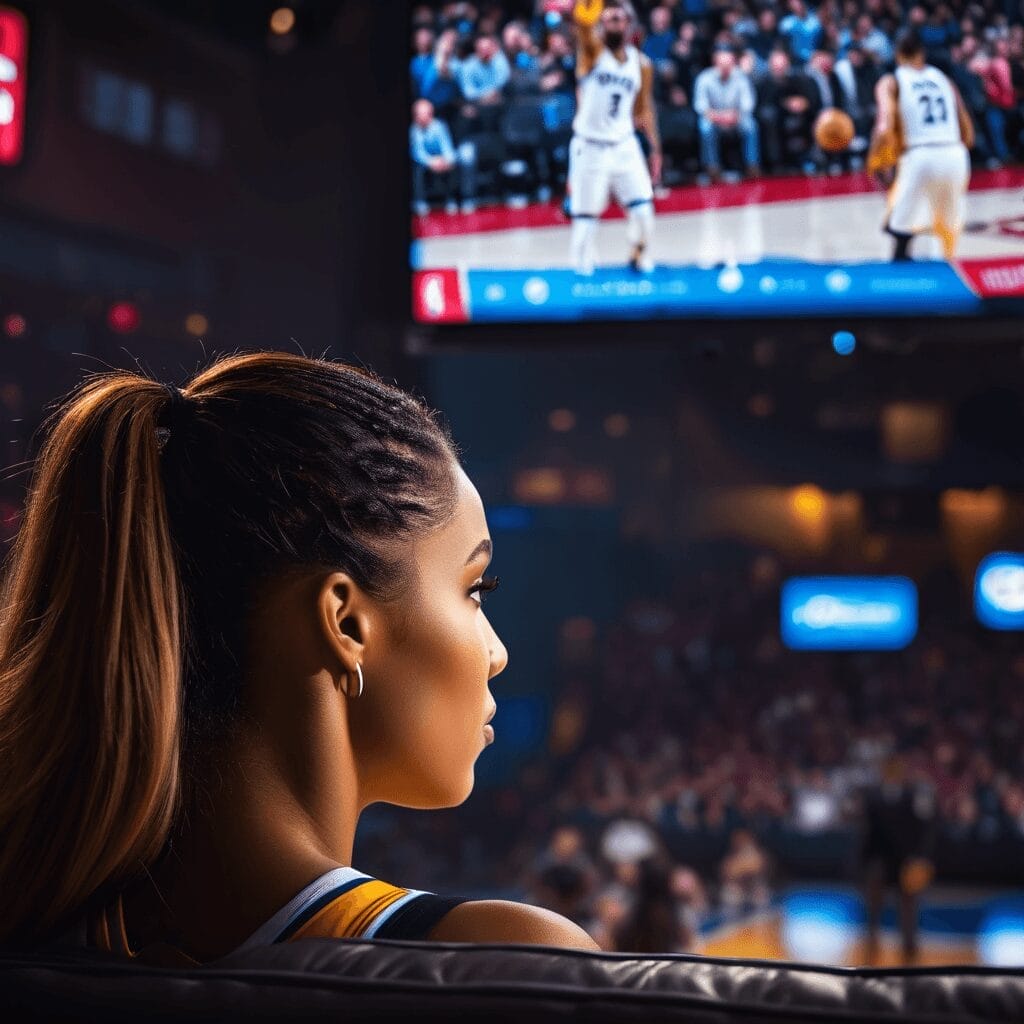 A woman with a ponytail watches a basketball game on a large screen in a dimly lit arena, immersed in the thrilling legacy of the NBA Hall of Fame.