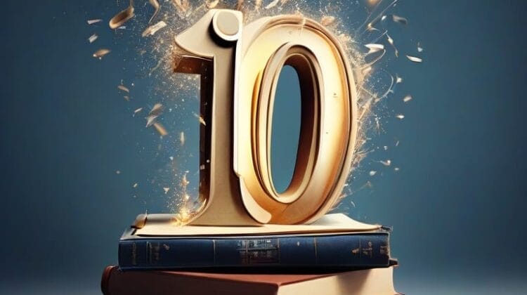 A gold number 10, reminiscent of a legendary sports jersey, bursts with confetti and sits atop a stack of books against a dark background, celebrating the best of sports entertainment.