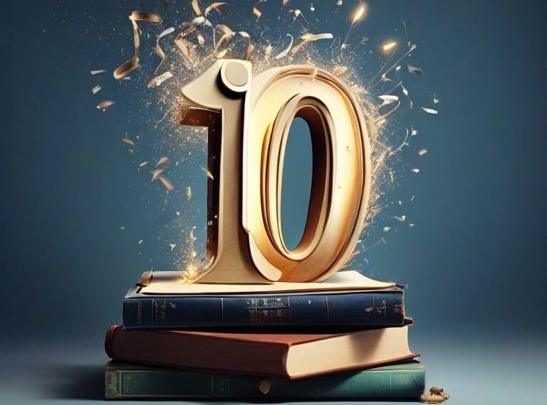 A gold number 10, reminiscent of a legendary sports jersey, bursts with confetti and sits atop a stack of books against a dark background, celebrating the best of sports entertainment.