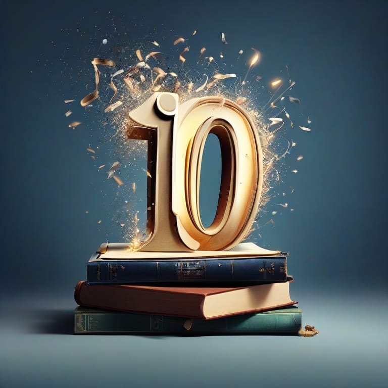 A gold number 10, reminiscent of a legendary sports jersey, bursts with confetti and sits atop a stack of books against a dark background, celebrating the best of sports entertainment.