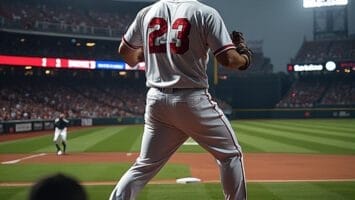Baseball player wearing jersey number 23 stands on the pitcher's mound, adjusting to the swift game pace in MLB during a night game in a stadium.
