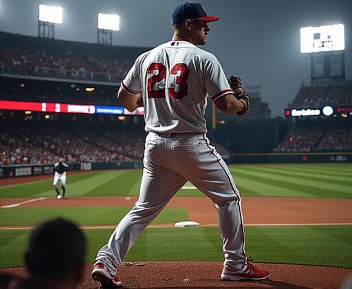 Baseball player wearing jersey number 23 stands on the pitcher's mound, adjusting to the swift game pace in MLB during a night game in a stadium.