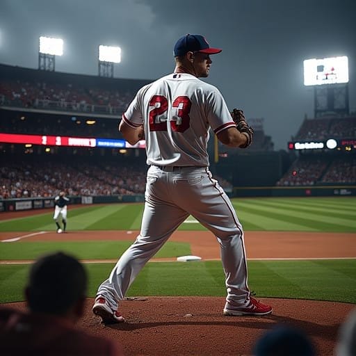 Baseball player wearing jersey number 23 stands on the pitcher's mound, adjusting to the swift game pace in MLB during a night game in a stadium.