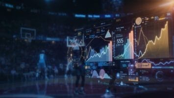 A basketball court scene with players in action is overlaid by semi-transparent digital data screens displaying NBA advanced stats, financial charts, line graphs, and colorful analytics, blending sports with cutting-edge data visualization technology.