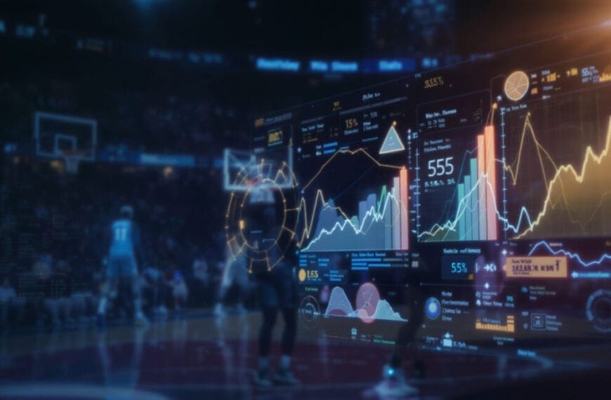 A basketball court scene with players in action is overlaid by semi-transparent digital data screens displaying NBA advanced stats, financial charts, line graphs, and colorful analytics, blending sports with cutting-edge data visualization technology.