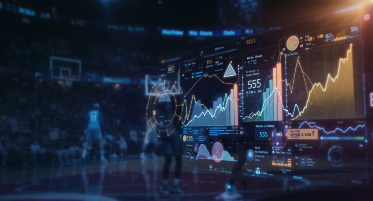 A basketball court scene with players in action is overlaid by semi-transparent digital data screens displaying NBA advanced stats, financial charts, line graphs, and colorful analytics, blending sports with cutting-edge data visualization technology.