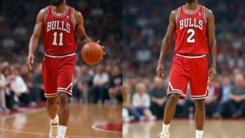 Side-by-side images capture an NBA eras comparison: two basketball players in red Chicago Bulls uniforms, numbers 11 and 2, on the court. Player 11 dribbles the ball as player 2 stands with his arms by his sides, spectators in the background.