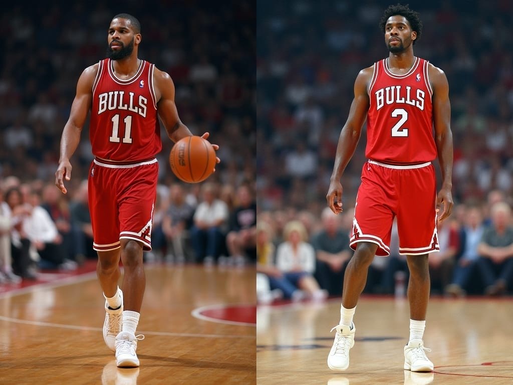 Side-by-side images capture an NBA eras comparison: two basketball players in red Chicago Bulls uniforms, numbers 11 and 2, on the court. Player 11 dribbles the ball as player 2 stands with his arms by his sides, spectators in the background.