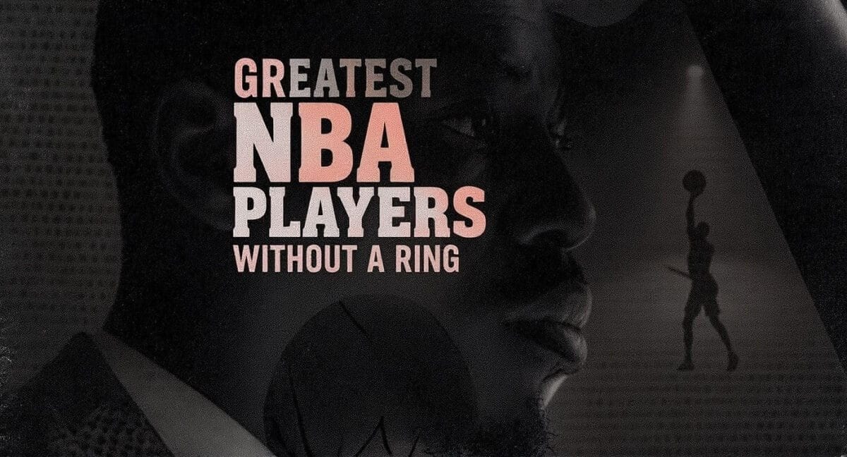 A dark, moody graphic shows a close-up of a basketball player’s face with the words “Greatest NBA Players Without a Ring” in bold letters. In the background, a silhouette highlights one of the best NBA players without a ring on the court.
