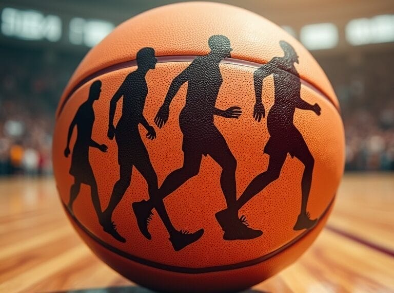 A close-up of a basketball on a wooden court, featuring black silhouettes of four athletes in various running poses printed on its surface, highlights the impact of recent NBA rule changes amid a blurred stadium and bright lights.