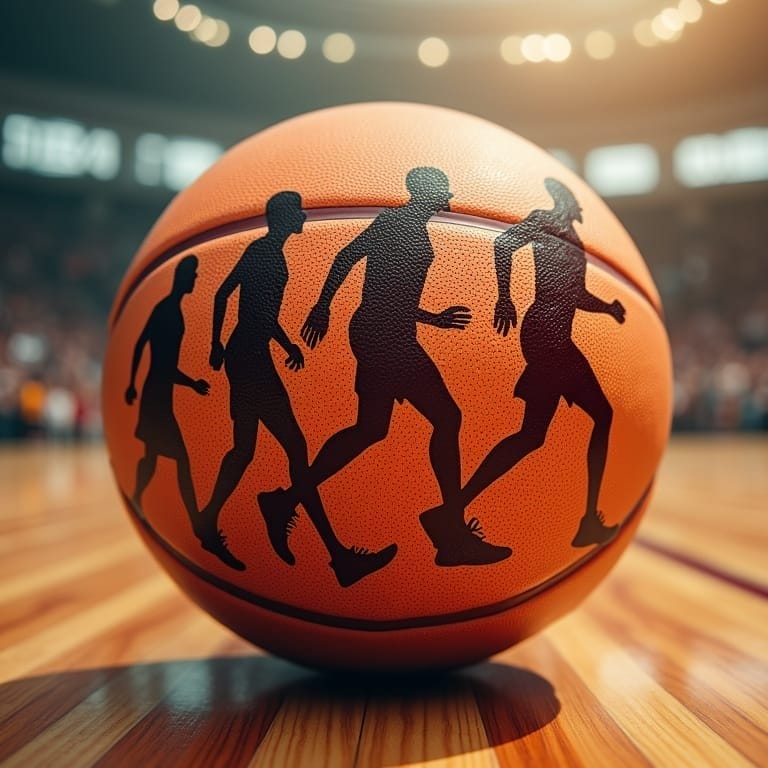 A close-up of a basketball on a wooden court, featuring black silhouettes of four athletes in various running poses printed on its surface, highlights the impact of recent NBA rule changes amid a blurred stadium and bright lights.