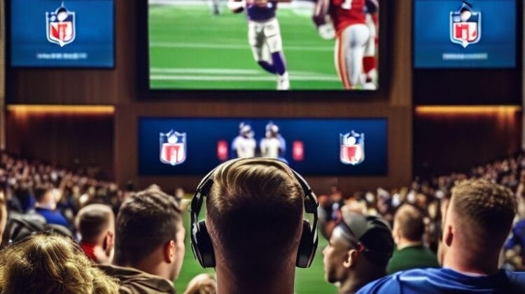 Audience watching an NFL playoff game on a large screen in a crowded theater setting. Multiple screens display the game with people seated and some wearing headsets.