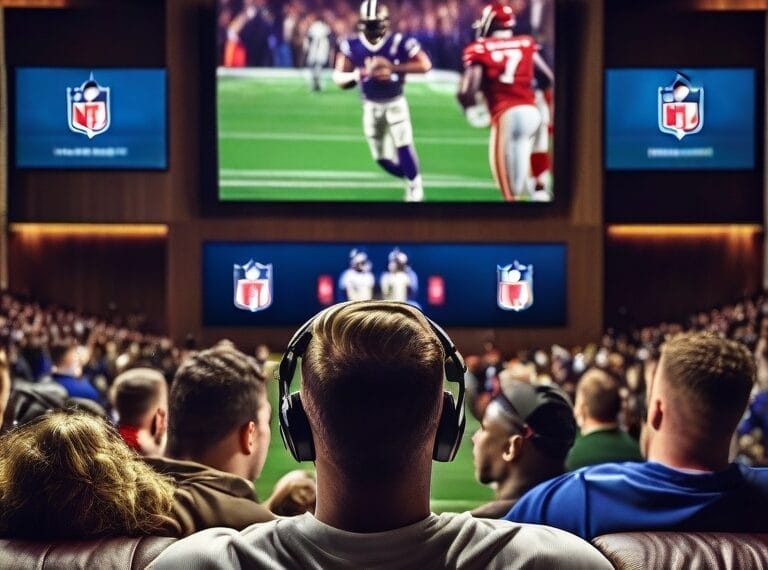 Audience watching an NFL playoff game on a large screen in a crowded theater setting. Multiple screens display the game with people seated and some wearing headsets.