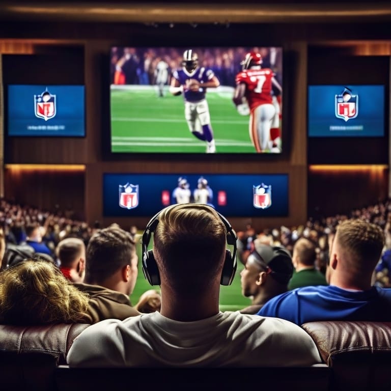 Audience watching an NFL playoff game on a large screen in a crowded theater setting. Multiple screens display the game with people seated and some wearing headsets.