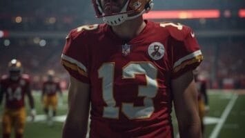 A football player wearing a red and gold uniform with the number 13 stands on a field during a night game, mindful of the NFL's taunting rule, with other players and a brightly lit stadium in the background.