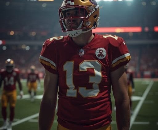 A football player wearing a red and gold uniform with the number 13 stands on a field during a night game, mindful of the NFL's taunting rule, with other players and a brightly lit stadium in the background.