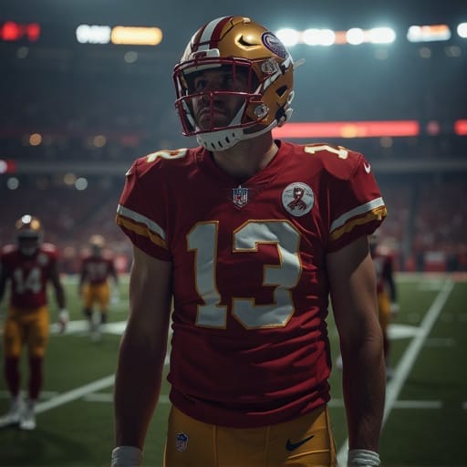 A football player wearing a red and gold uniform with the number 13 stands on a field during a night game, mindful of the NFL's taunting rule, with other players and a brightly lit stadium in the background.