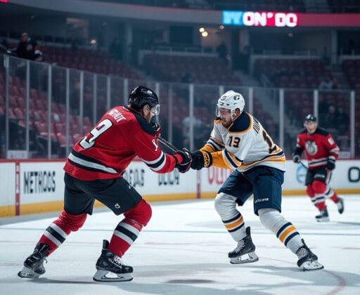 Two of the NHL's toughest players clash on the ice, wearing red and black, and blue and yellow jerseys. The rink buzzes with excitement as spectators surround the action-packed game.