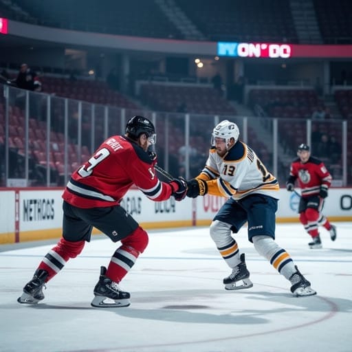 Two of the NHL's toughest players clash on the ice, wearing red and black, and blue and yellow jerseys. The rink buzzes with excitement as spectators surround the action-packed game.