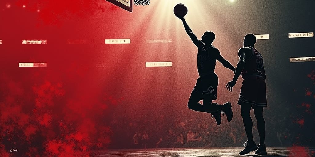 Two basketball players are seen in silhouette on a court. One jumps with an outstretched arm for a layup, while the other defends. Dramatic red and white lighting evokes the energy of clutch NBA performances.