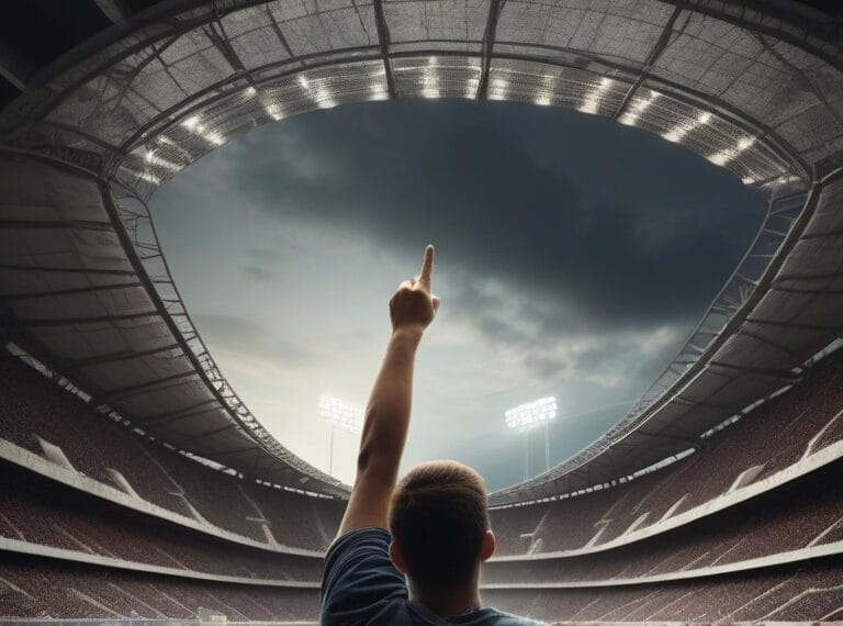 A person stands on a soccer field pointing upward towards the cloudy sky inside a large, illuminated stadium.