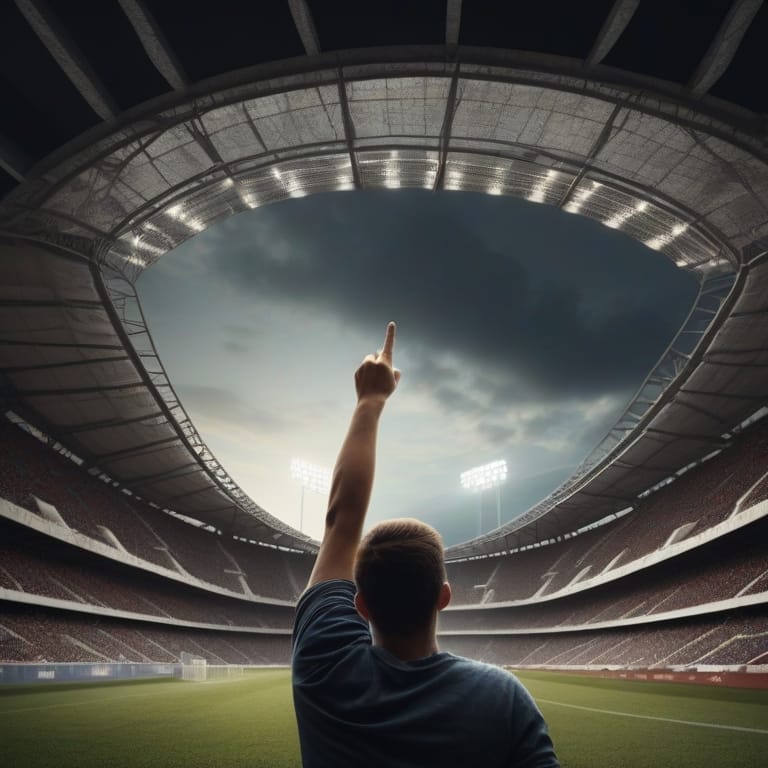 A person stands on a soccer field pointing upward towards the cloudy sky inside a large, illuminated stadium.