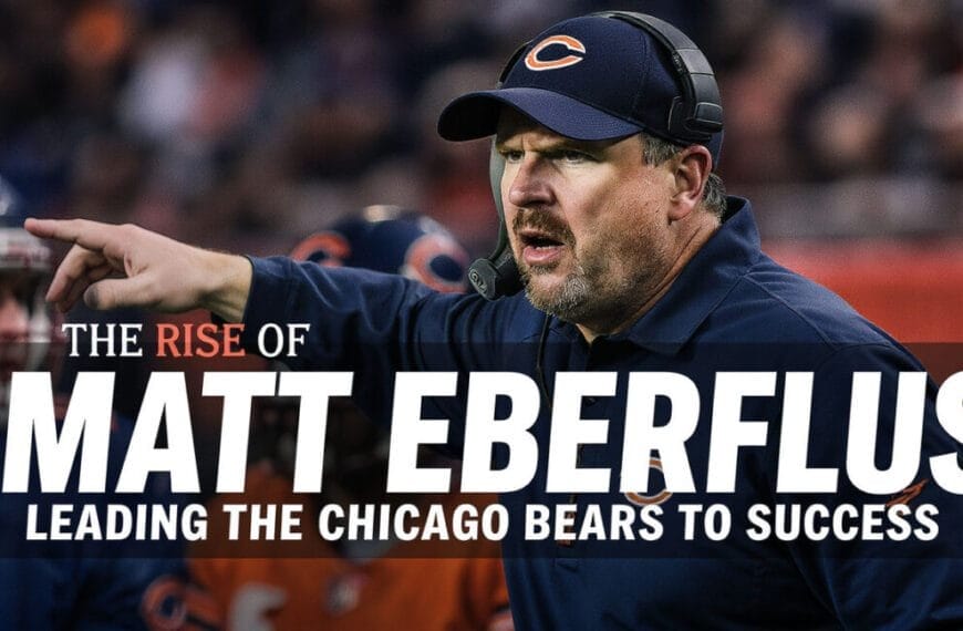 A coach in a navy blue Chicago Bears cap and jacket, identified as Matt Eberflus, gestures intensely on the football field. Bold text reads: “THE RISE OF MATT EBERFLUS – LEADING THE CHICAGO BEARS TO SUCCESS.” Blurred players and fans are visible in the background.