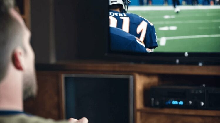 A fan sits riveted, eyes glued to the TV screen as the football game unfolds. His focus sharpens on a player in a dark jersey darting across the field, reminiscent of strategies devised by Matt Eberflus.