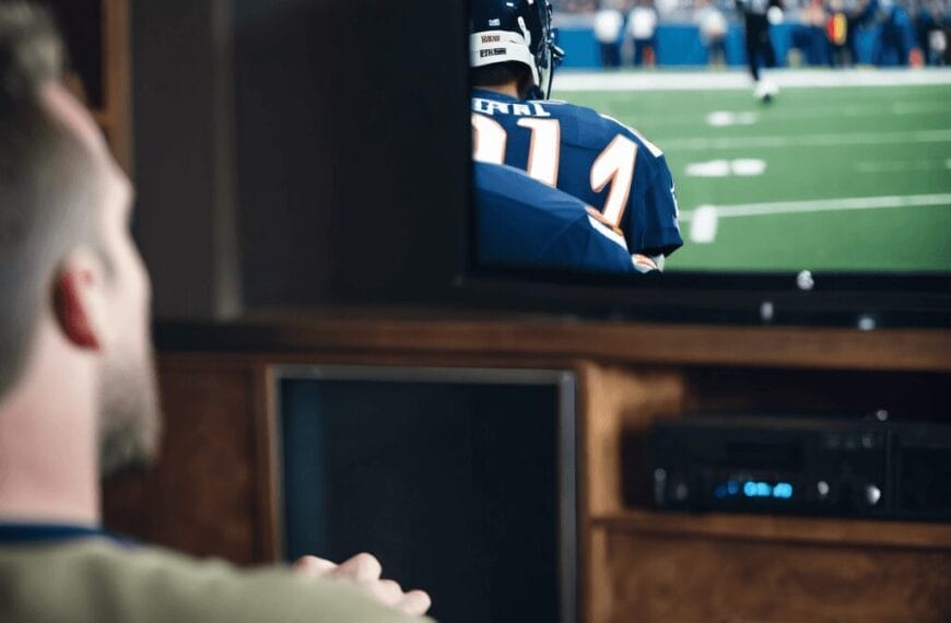 A fan sits riveted, eyes glued to the TV screen as the football game unfolds. His focus sharpens on a player in a dark jersey darting across the field, reminiscent of strategies devised by Matt Eberflus.