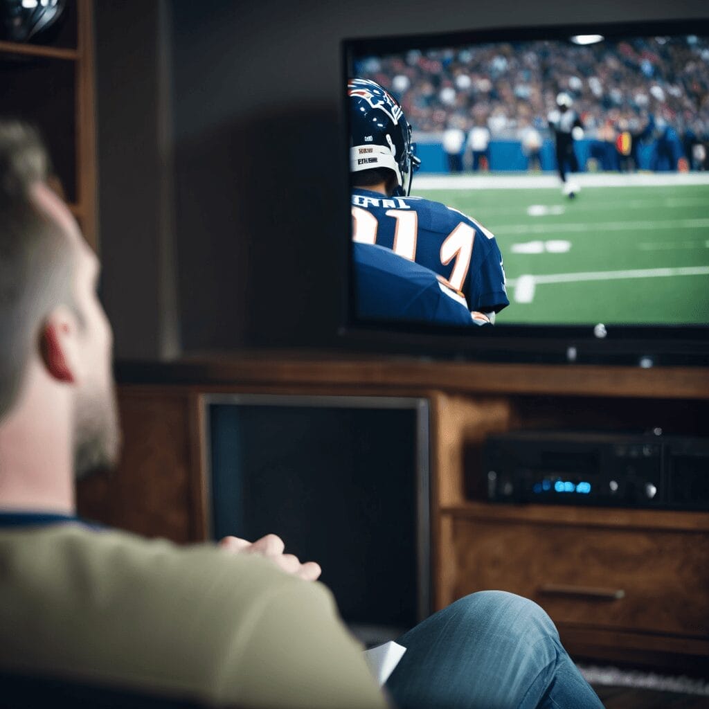 A fan sits riveted, eyes glued to the TV screen as the football game unfolds. His focus sharpens on a player in a dark jersey darting across the field, reminiscent of strategies devised by Matt Eberflus.