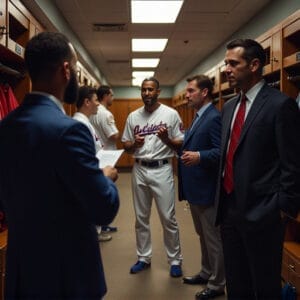 In the MLB locker room, a group of men, some in baseball uniforms and others in suits, are engaged in lively conversation.