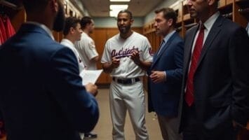 In the MLB locker room, a group of men, some in baseball uniforms and others in suits, are engaged in lively conversation.