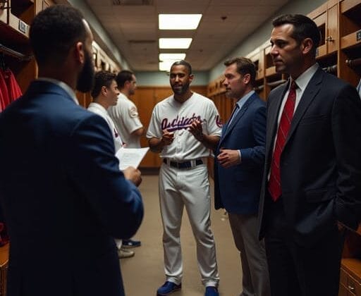 In the locker room, an MLB player in uniform engages in conversation with four men in suits.