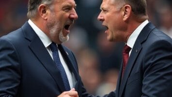 Two men in suits are facing each other, engaged in a heated discussion that resembles the intensity of a sports broadcasting debate.