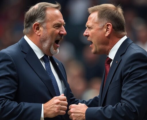 Two men in suits are facing each other, engaged in a heated discussion that resembles the intensity of a sports broadcasting debate.